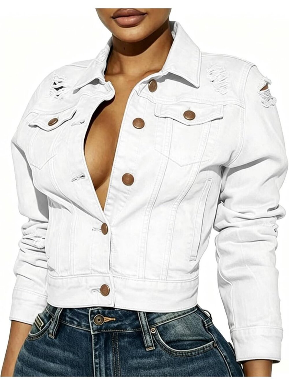 Women's White Denim Fall Long Sleeve Classic Distressed Butterfly Jean Jackets